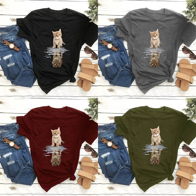 2024 Summer Loose Women's T-Shirt High Quality Cat Pattern Printed Short Sleeve Plus Size Women's Short Sleeve T-Shirt CCXX061