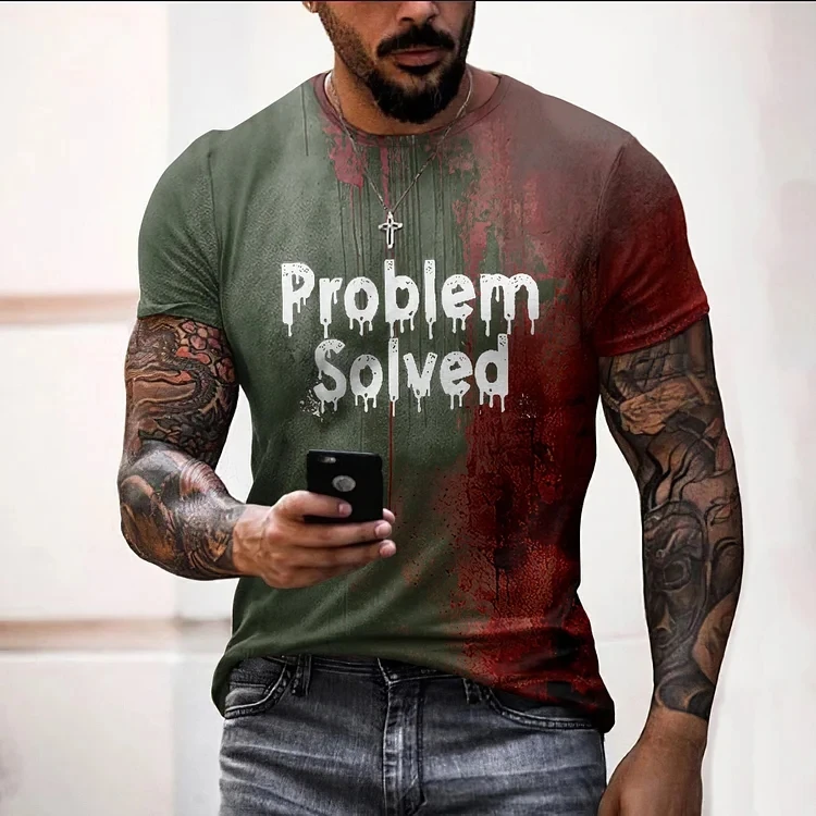 Herren-T-Shirt „Halloween Problem Solved Blood Drip Print“ – Leichtes Kurzarm-T-Shirt mit Rundhalsausschnitt für Feiertagspartys und Freizeit – Detail 2