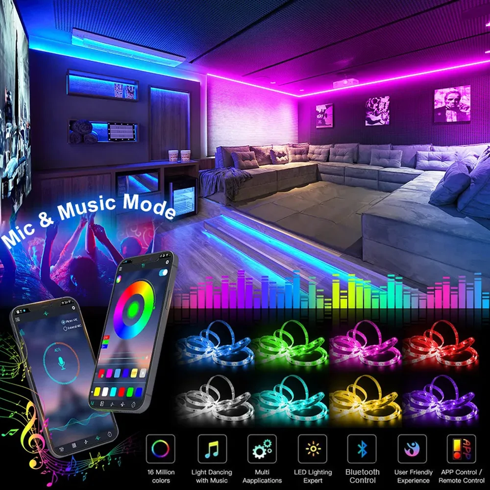 Imagem -03 - Rgb Led Strip Lights para Home Decor Volt Tape 5m Bluetooth 44keys Infrared Control Music Sync Color Changing Lamp