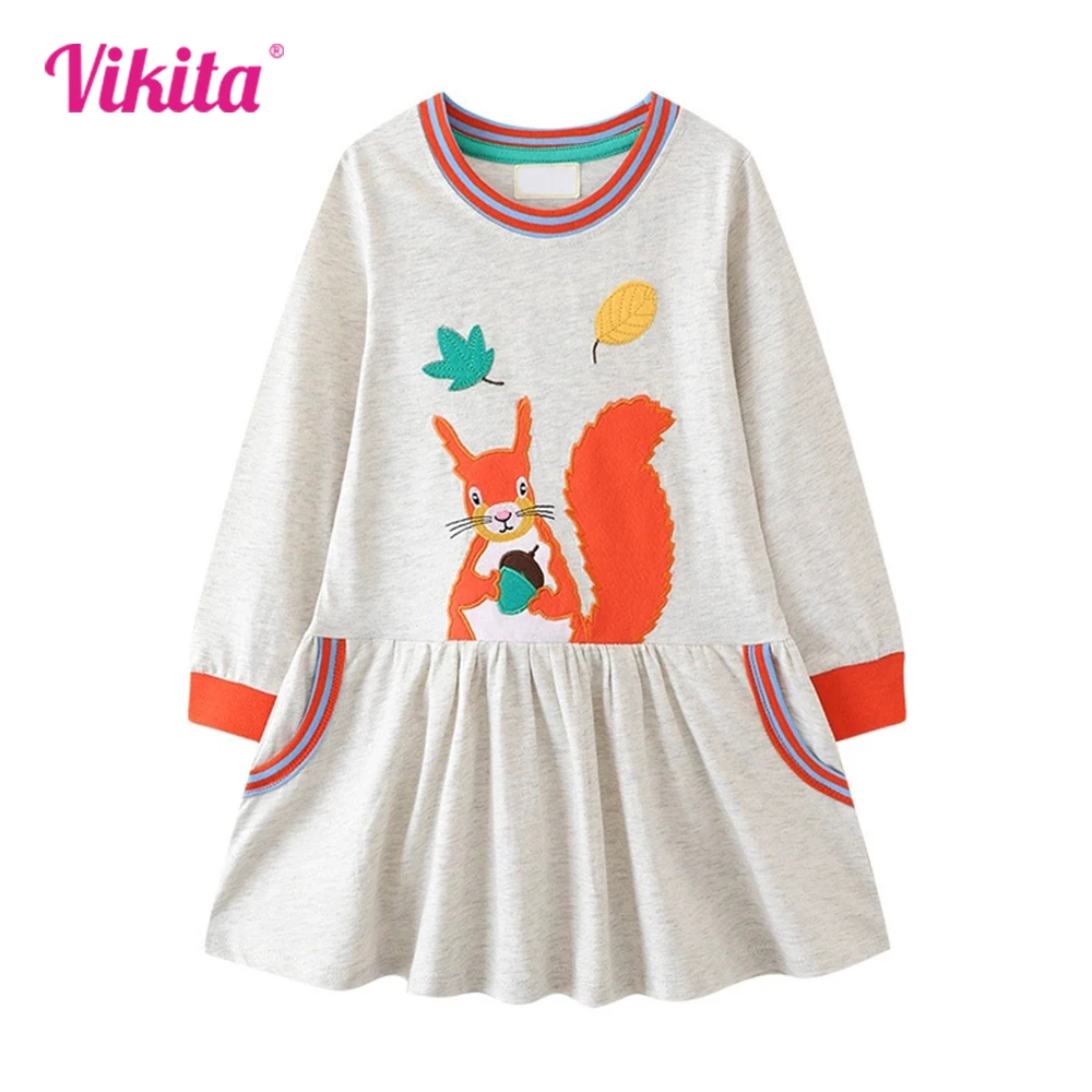 

VIKITA 2025 Children Clothes Kids Squirrel Embroidery Cartoon Dresses with Pockets Girls Long Sleeve Cotton Casual Daily Frocks