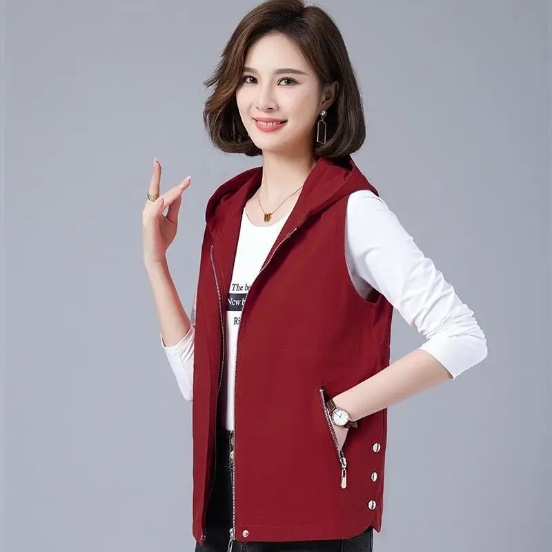 Vest Jacket Women Long Waistcoat Outerwear 2024 New Spring Autumn Middle Aged Loose Sleeveless Hooded Casual Khaki Black Tops