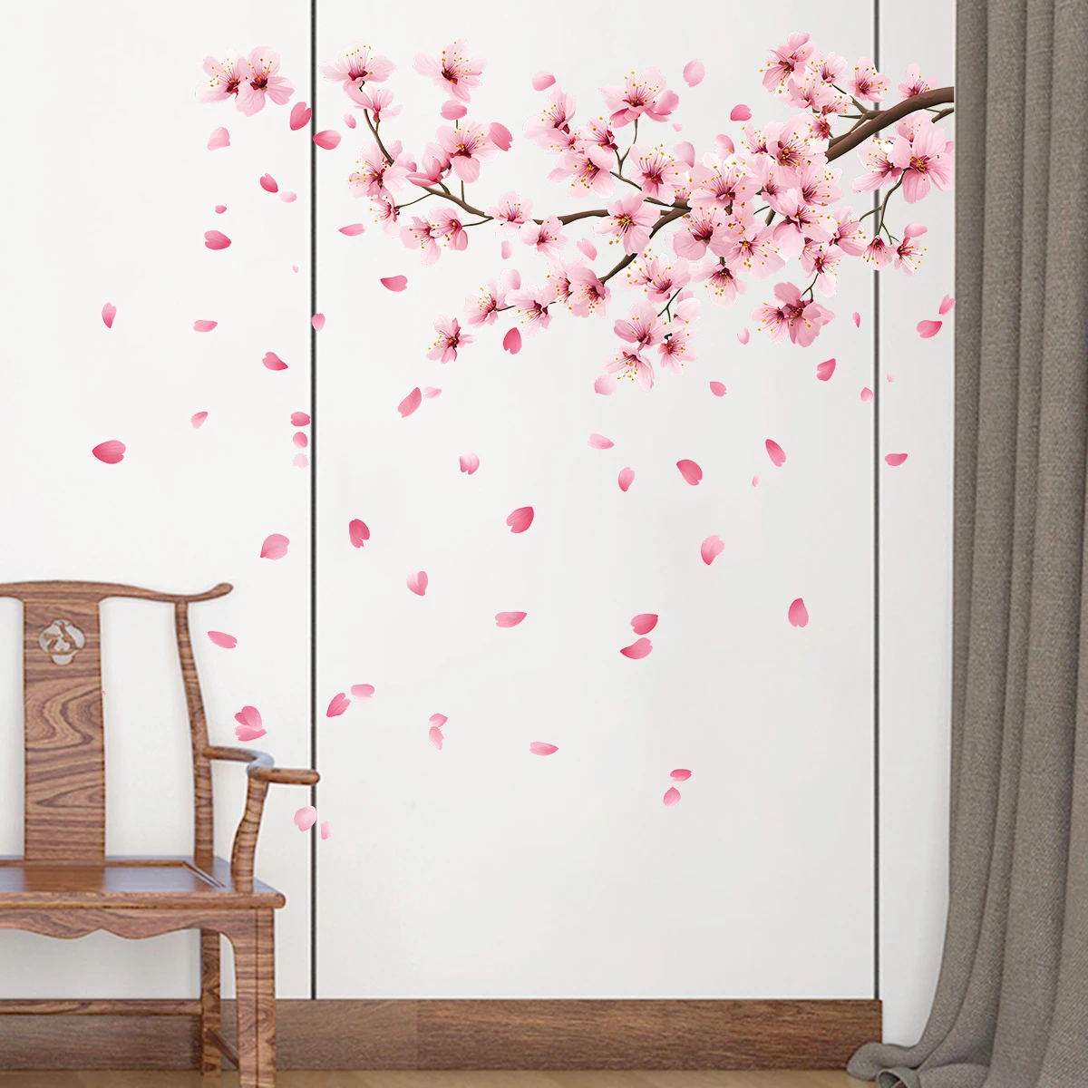 1PC New peach blossom falling branches wall decoration sticker, living room entrance TV wall decoration self-adhesive