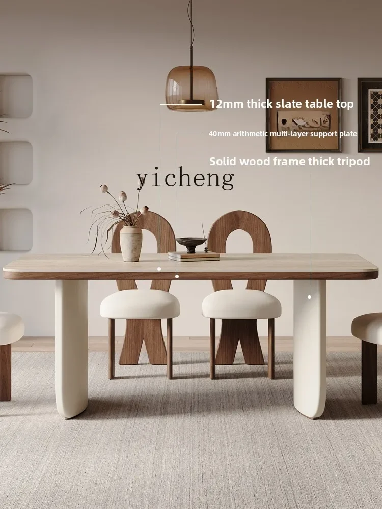HXL Cream Wind Cave Stone Rock Plate Solid Wood Dining Table and Chair Combination Rectangular Dining