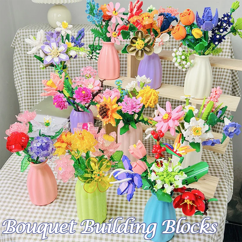 

Bouquet Building Blocks Diy Simulation Plant Bonsai Eternal Flower Rose Model Home Decoration Assembly Toy Girl Romantic Gift