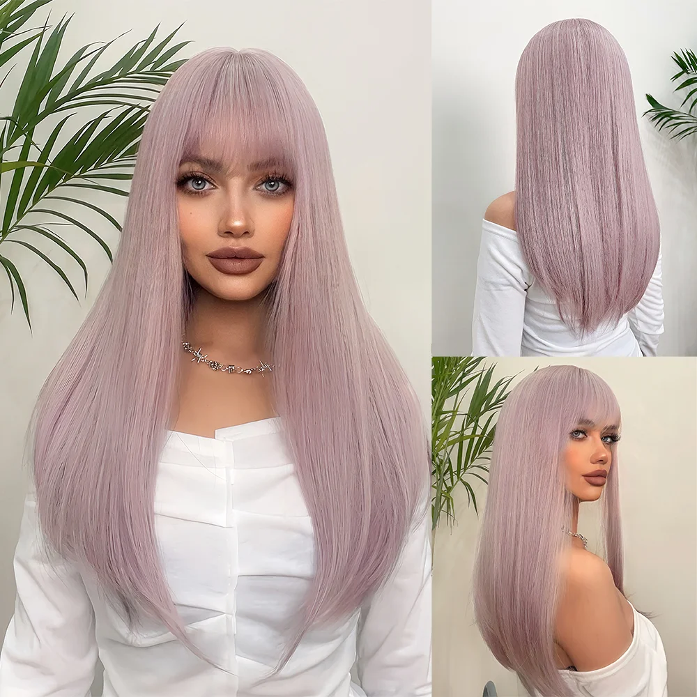 22Inch Pinky Purple Synthetic Wigs With Bang Long Natural Straight Hair Wig for Women Daily Use Cosplay Party Heat Resistant