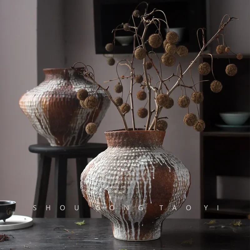 Jingdezhen Wabi Sabi Ceramic Vase Retro Pottery Home Decor Ornament for Living Room Soft Decoration Dried Flower Arrangement