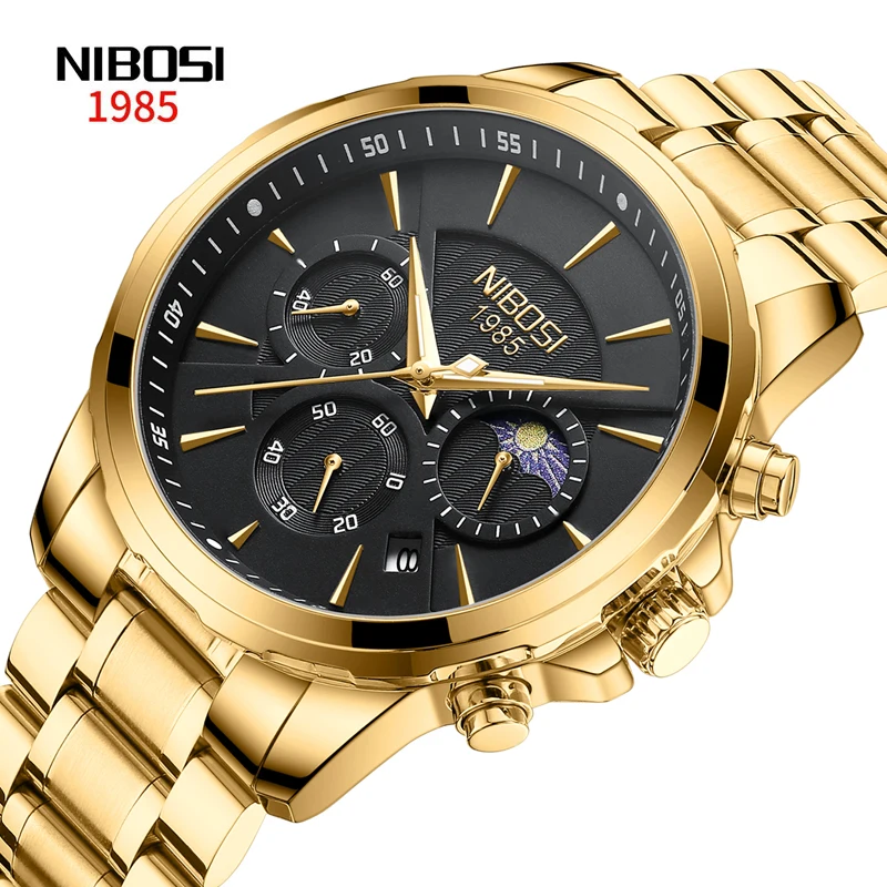 NIBOSI Brand New Luxury Gold Quartz Watch for Men Stainless Steel Waterproof Moon Phases Chronograph Watches Relogio Masculino