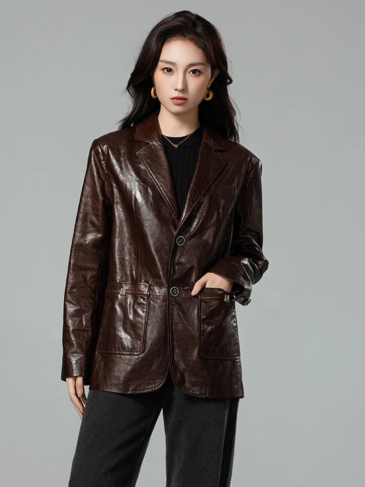 

Vintage Genuine Leather Blazer Jackets for Women Spring Autumn 2026 New High-end Simple Casual Soft Real Sheepskin Coat