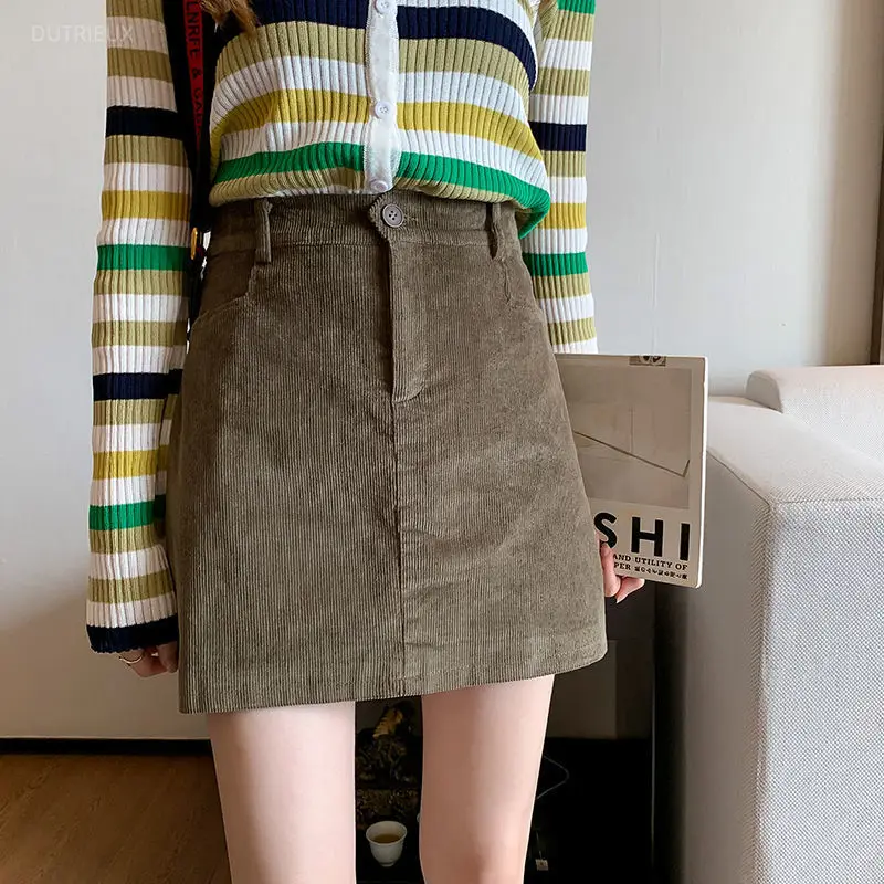 A-line Corduroy Mini Skirts Solid Autumn Winter High Waist Vintage Women Skirt Korean Fashion Basics Jupe Femme