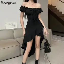 Black Midi Dress Women Irregular Slash Neck Backless Streetwear Temper Vestidos Sexy European Trendy Summer Clothes Lady Vintage