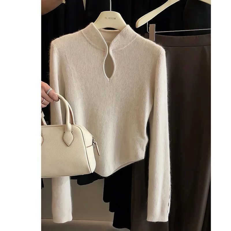 New Chinese-style Irregular Stand-up Collar Hollow-out Inner Bottoming Shirt 2026 Spring and Autumn Slim-fit Knitted Sweater Top