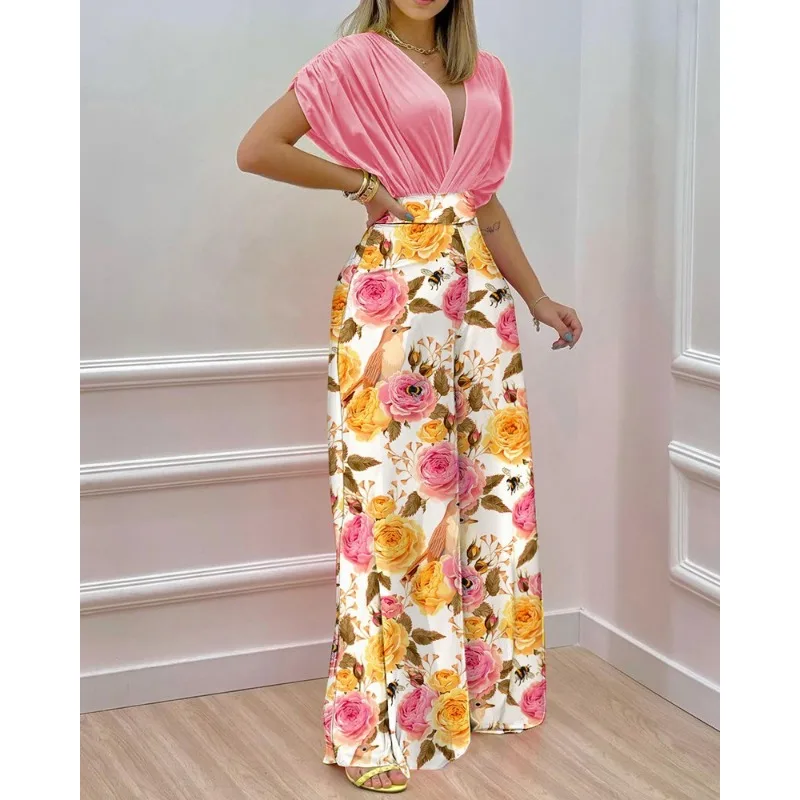 Spring Summer Flower Print Slim Suit Women Sexy Short Sleeve V-neck Pleated Short Top High Waist Wide Leg Pants Trousers Suit