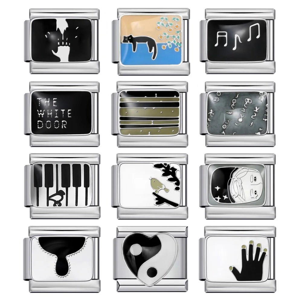 Original Design Men Gesture Piano Key Element Italian Charm Bracelet Link Fit 9mm Stainless Steel Jewelry Making DIY Wholesale