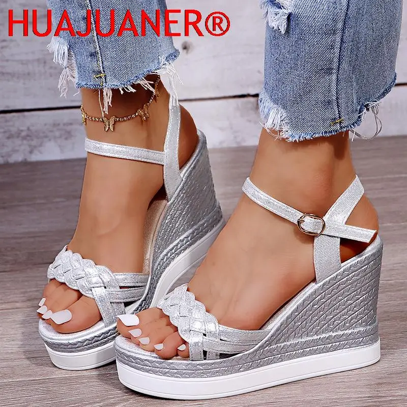 Women Summer Wedge Heel Sandals Platform Sandals Strap Open Toe Chunky Bottom Casual Shoes 2023 Gold Silver Pink Sandals 10cm