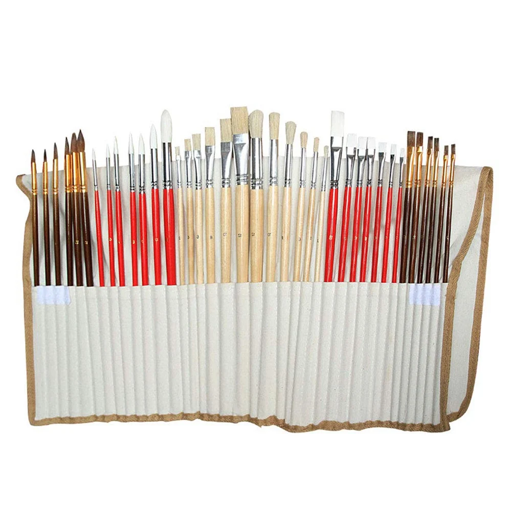 

38Pcs Brush Painting Watercolor Varnish Rod Pig Bristle Oil Painting Drawing Pen Nylon Wood Brush with Canvas Bag Set