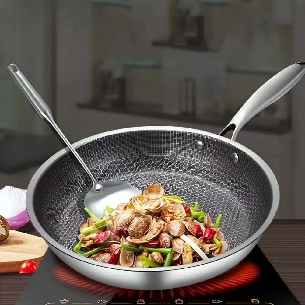 Non-Stick Frying Pan Stainless Steel Frying Pan Easy To Clean Kitchen Wokes Pans Suitable for Gas Stoves and Induction Cookers