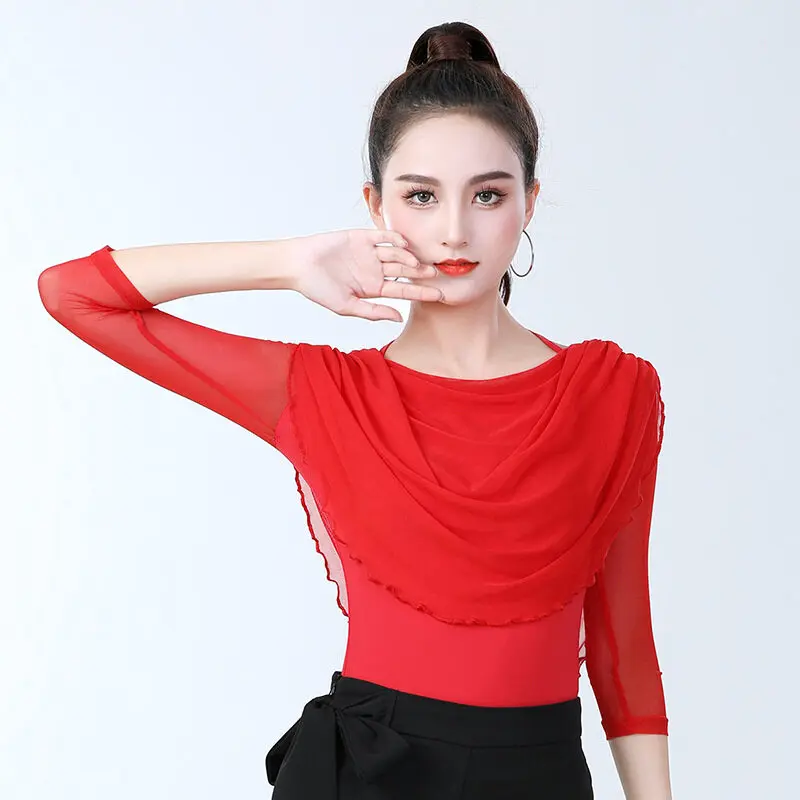 

Modern Dance Practice Clothes Female Latin Three-quarter Sleeve Mesh Top New Latin Dance Shirt Square Dance Clothes