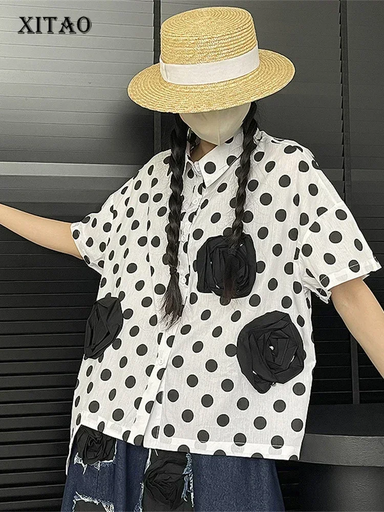 XITAO Pot Single Breast Blouse Fashion Women Half Sleeve Goddess Fan Casual Style Floral Patchwork Minority Loose Shirt WMD5760