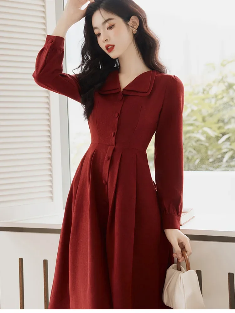 French Style Long Sleeve Dresses for Women\'s Vintage Double Layer Lapel Chic Dress Autumn/Winter Korean Fashion Casual Vestidos