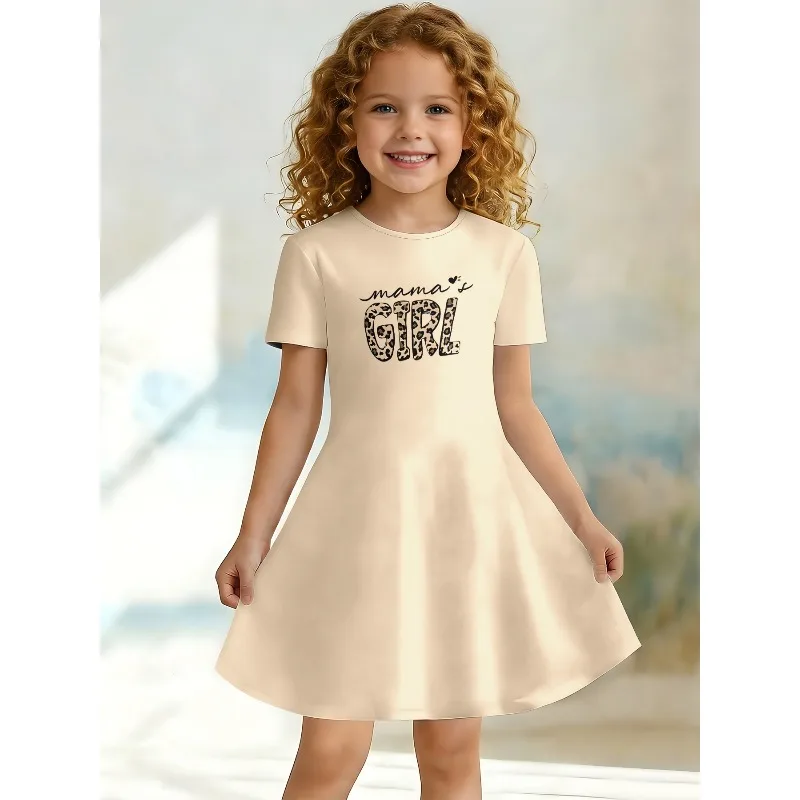 Little Girls Leopard Letter Cute Panda Paw Color Splash Heart Print Round Neck Short Sleeve A-Line Kids Summer Swing Dress