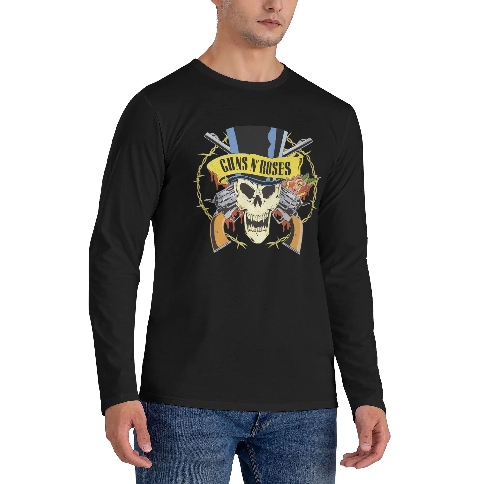 

Guns N Rose Heavy Metal Steampunk Music Men's Long Sleeved T-shirt Breathable Round Neck T shirts Spring and Autumn Men tops