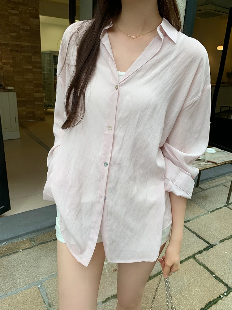 

Elegant Women's Summer Spring Sun Protection Shirt Loose Irregular Button up Casual Style Long Sleeve mid Length Collar