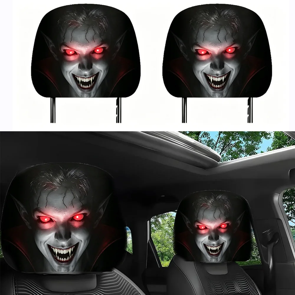 2Pcs Halloween Horror Face Printing Car Headrest Covers Universal Elastic Car Seat Headrest Cover Dustproof Protective Sleeve