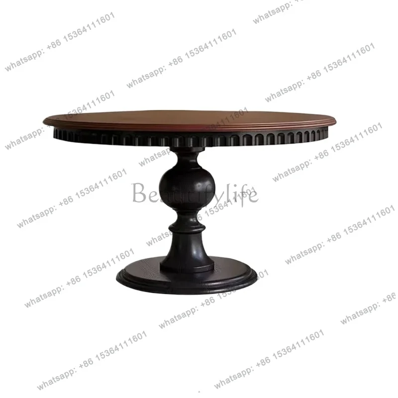 

American light luxury solid wood dining table and chairs villa living room antique carving combination French retro round