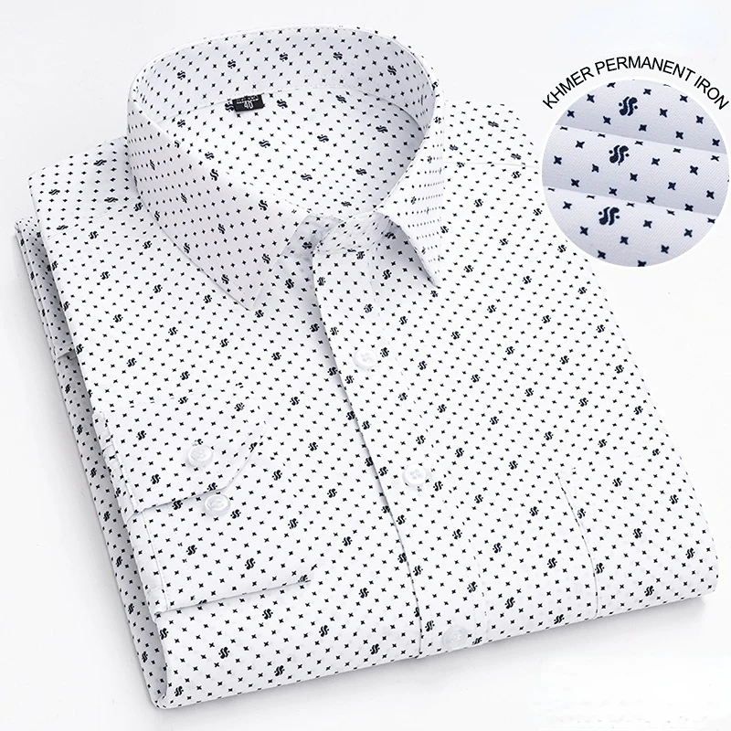 2023 Men\'s Classic Long Sleeve Print Dress Shirts Single Patch Pocket  BusinessOffice Shirt