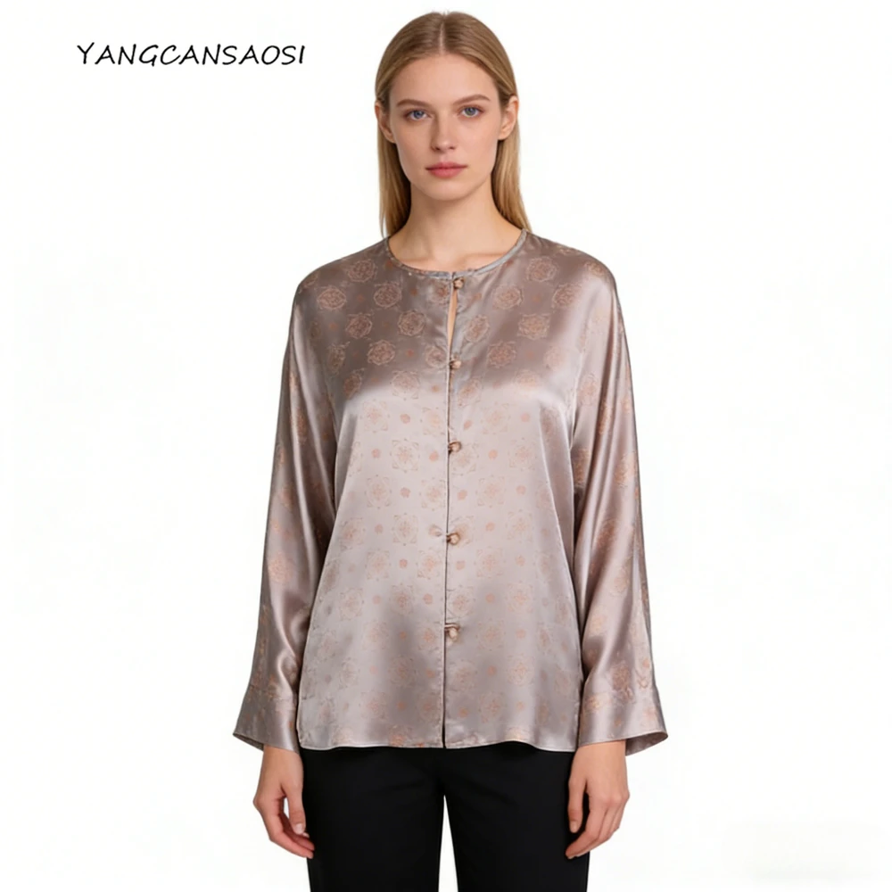 

2026 Women's Spring Fashion New 100% Natural Mulberry Silk Song Brocade Grey Pink Loose Round Neck Long Sleeve Cardigan Top