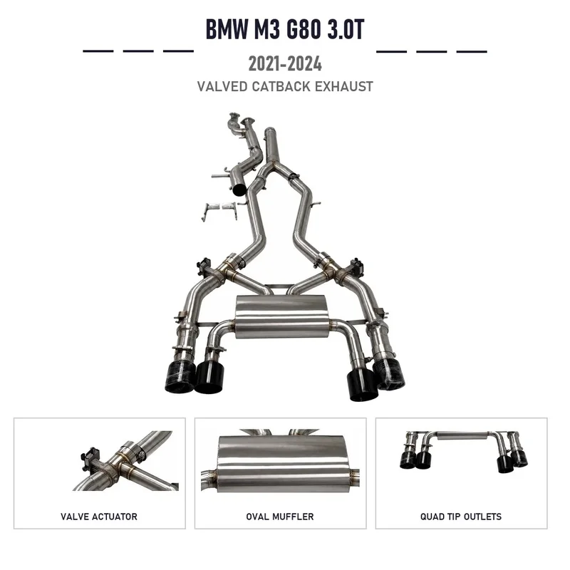 Direct Fit Valved Catback Exhaust BMW M3 G80 3.0T Twin Turbo S58 2021-2024 Dual Exit Quad Tips Racing Tuning Parts Kit Direct