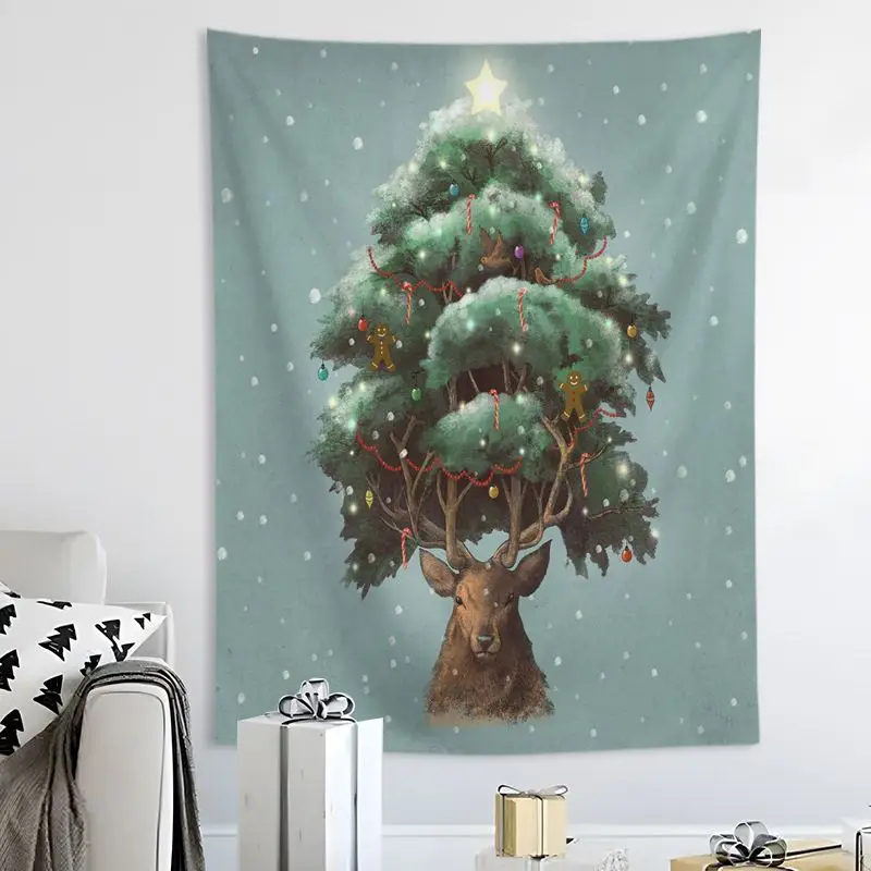 VIKAMA Wall Tapestry Happy Holidays Three Trees Pink Black Green Cute Art Home Decor Living Room Bedroom Dorm Festive Print Soft