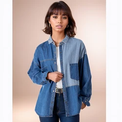 Spring Turn Down Collar Denim Shirt Casual Long Sleeve Loose Blouse Fashion Pocket Tops Vintage Button Women Clothes 7256 50