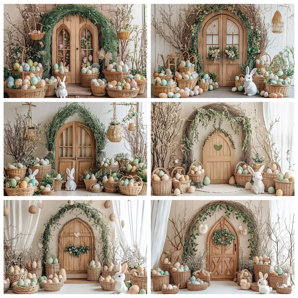 

Spring Easter Photography Background Boho Flower Arch Wooden Door Rabbit Colorful Eggs Bunny Kids Birthday Photoshoot Backdrop