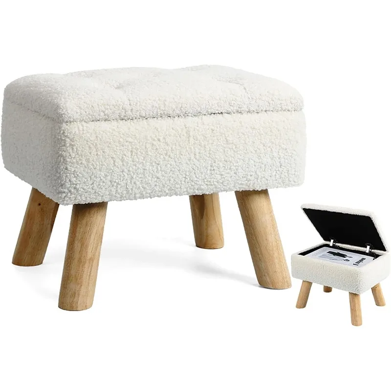 Storage Ottoman, Small Foot Stool Ottoman with Storage, Boucle Teddy Velvet Foot Rest with Padded Seat, Sturdy Wood Legs Stool