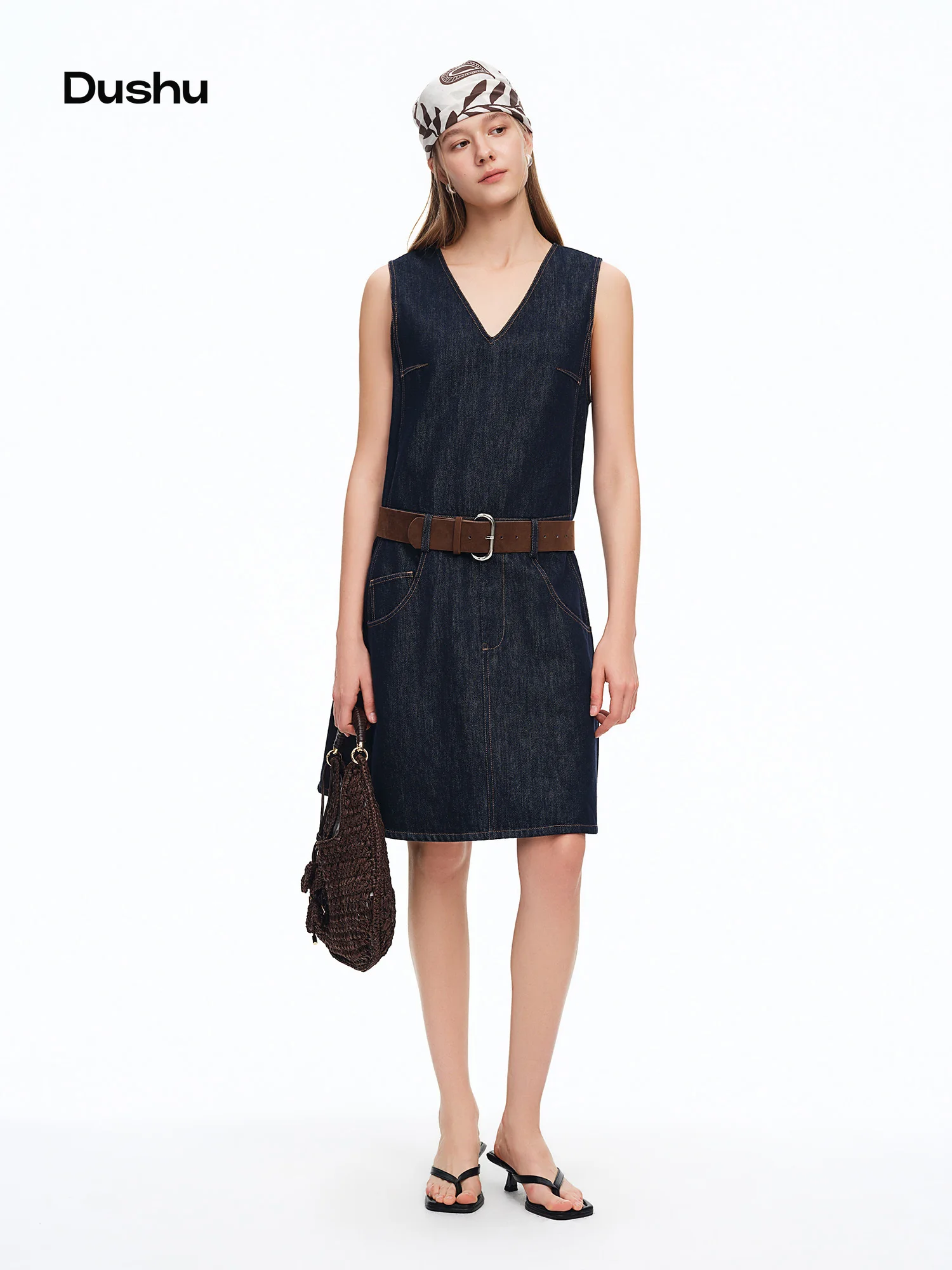 DUSHU Women's Denim Vest Dress with Visible V-Neck Seams: Stylish Summer 2026 New Arrival Perfect for Casual Fashionable Outfits