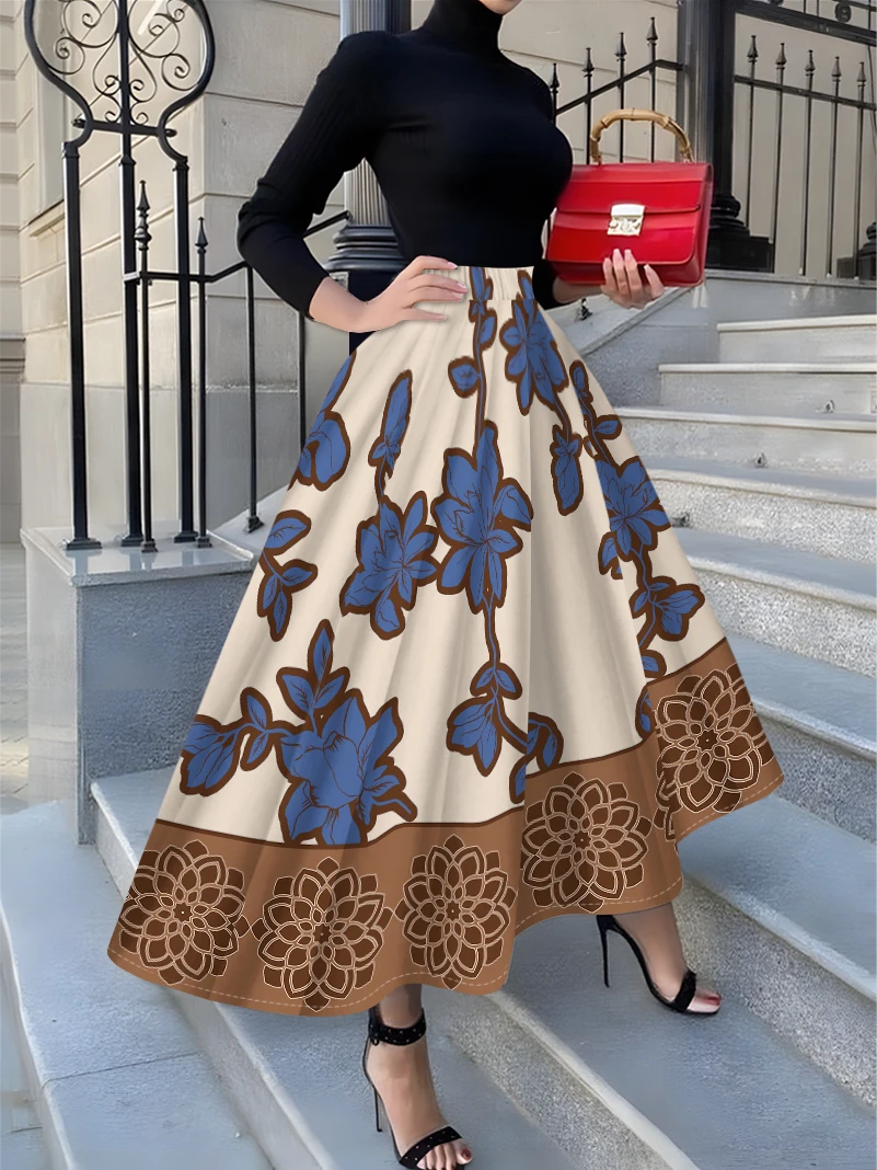 Printed Design Four Seasons Casual Style Blue Flower Brown Border Pattern Half Skirt