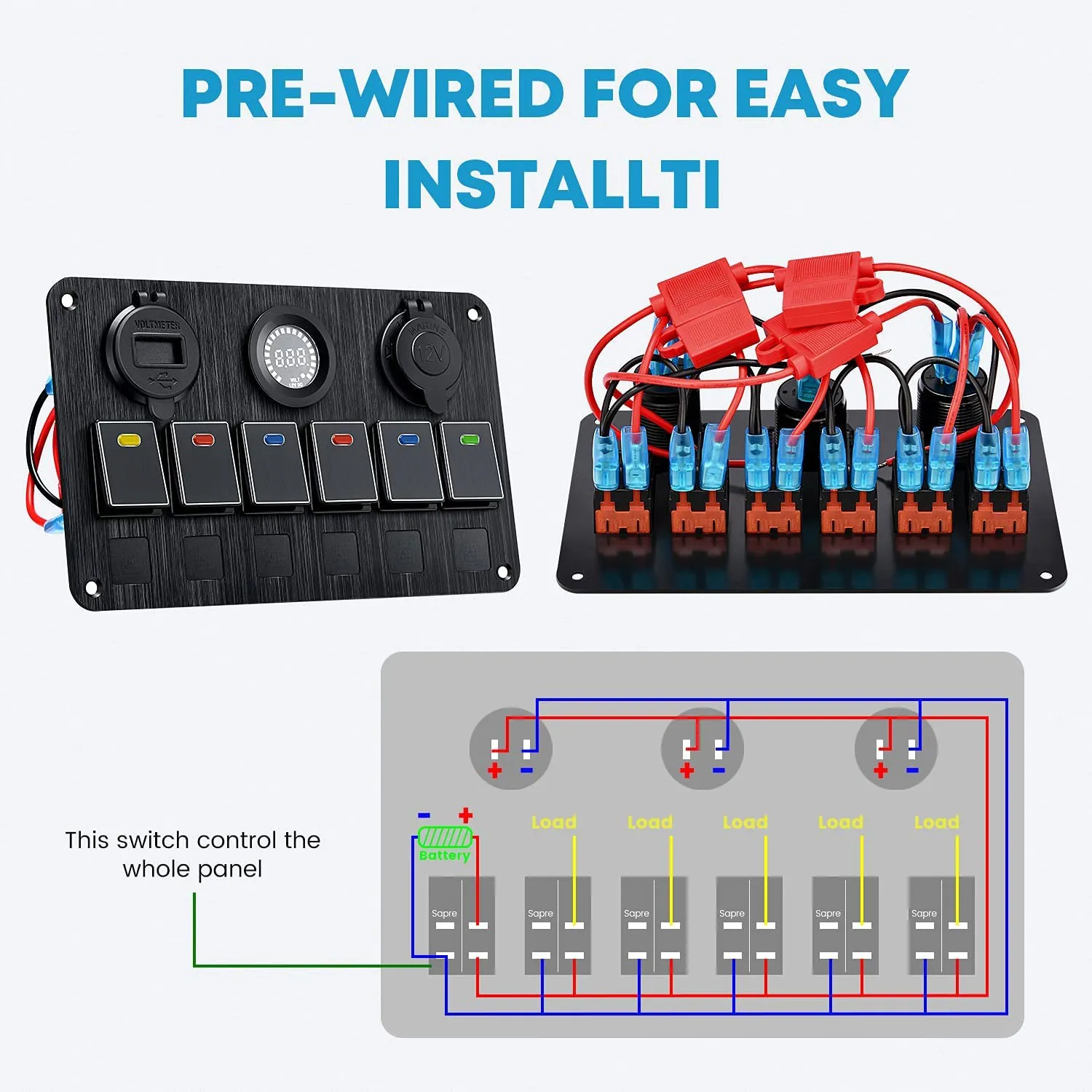 Waterproof Marine Boat Rocker Switch Panel 6 Gang with QC 3.0 USB Charger +DC 12/24 Volt Socket +LED Voltmeter