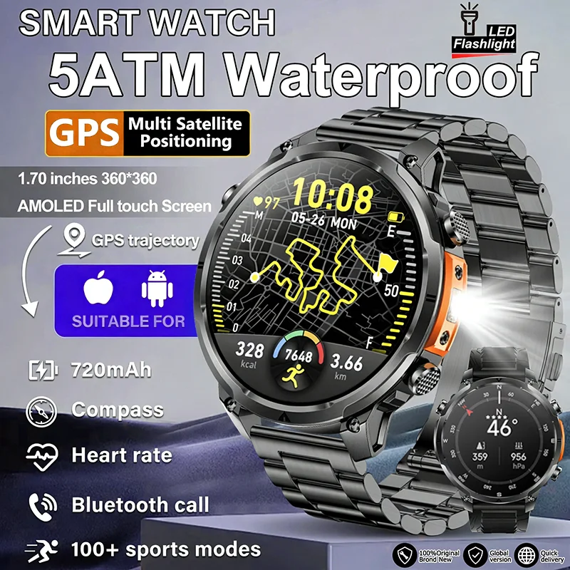 

2026 T-REX Новые GPS-умные часы для мужчин, аккумулятор 720 мАч, 3 АТМ, водонепроницаемые, Bluetooth-вызов, 1,7 дюйма, HD, спортивный фонарик, компас, умные часы для мужчин