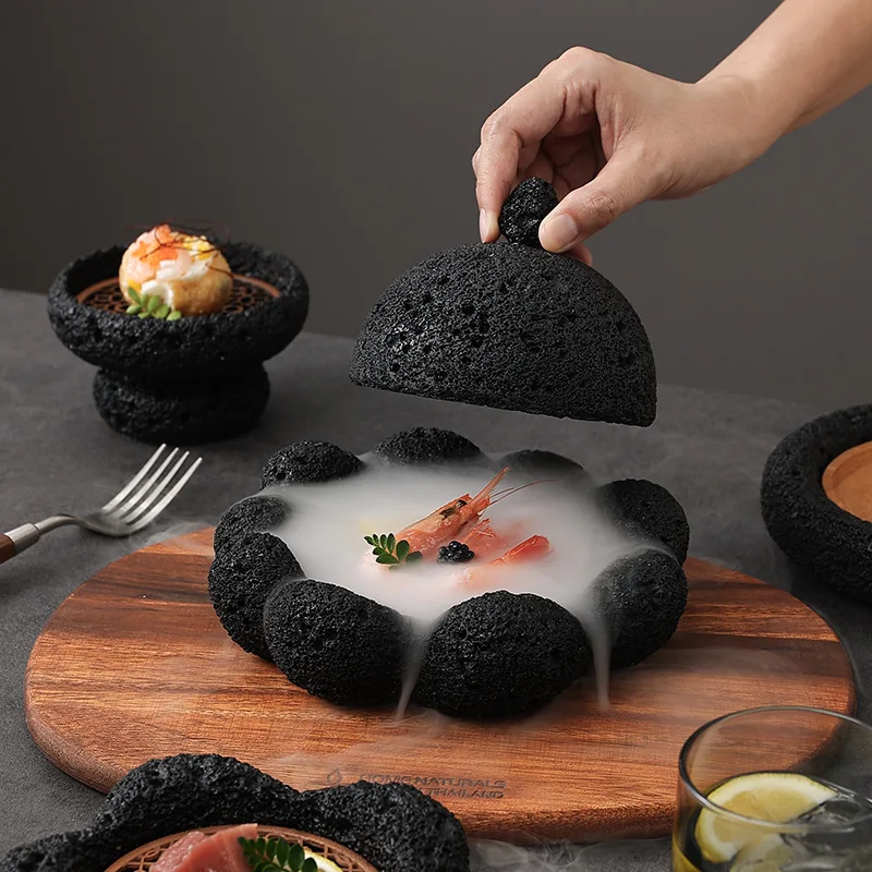 Creative Black Volcanic Stone Art Tableware, Dry Ice Sushi Plate, Cold Plate, Unique Cement Honeycomb Coal Spherical Plate