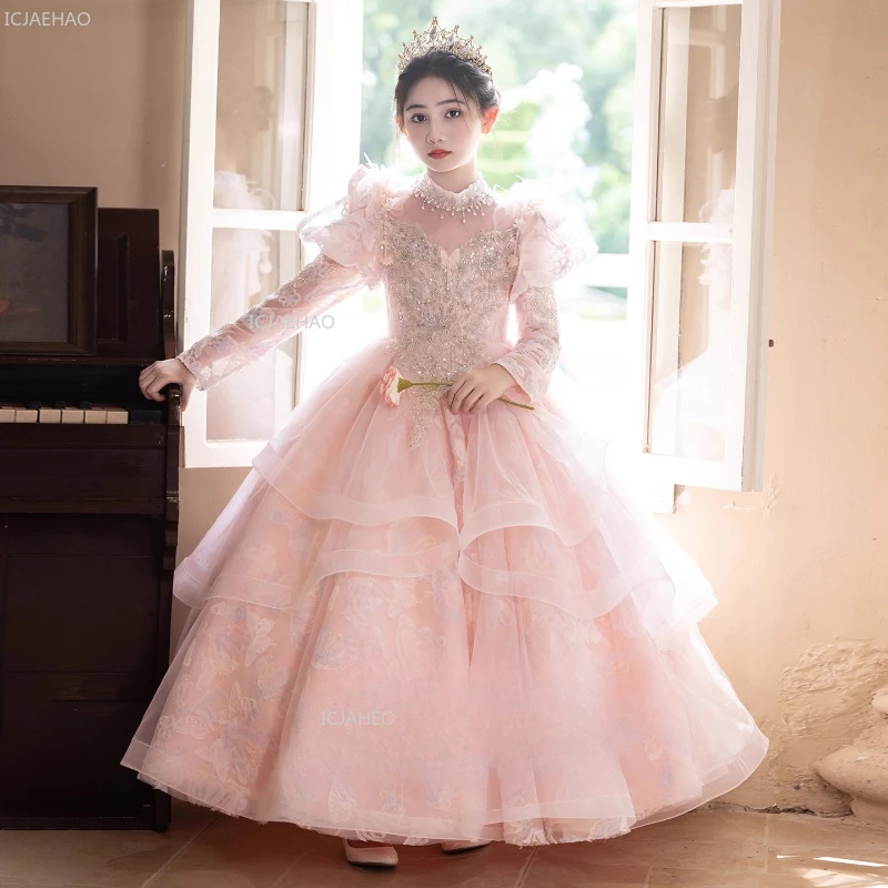 

Flower Girl Dress Kids Pink Princess Party Long Sleeve Gown for Girls Children Birthday Host Piano Performance Pageant Dresses