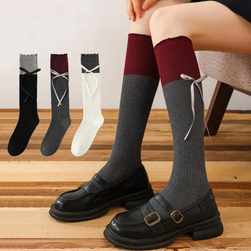 Color Matching Black White Gray Socks Stockings Ribbon Bow Lolita Kawaii Ruffle Socks JK Girls Cotton Knee Socks Women Stockings