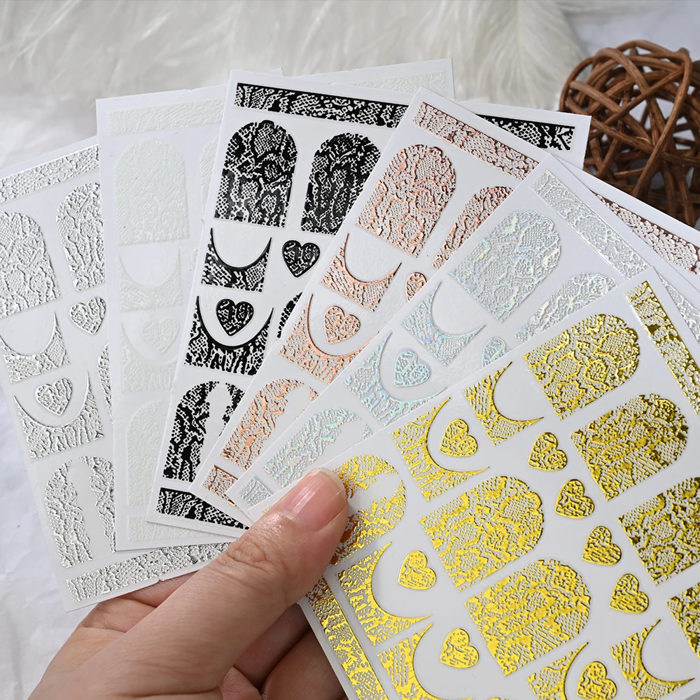 

6pcs Bronzing Snake Pattern Heart Nails Sticker 3D Laser Sexy Snake Leopard Print Self-adhesive Lace Nail Decals Slider Decorati