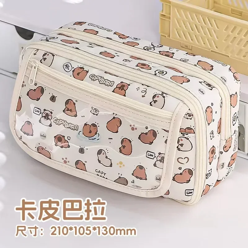 

Cute Large Capacity Pencil Bag Capybara Canvas Stationery Holder Bag With Brooches stickers clips keychains Children Pen Case