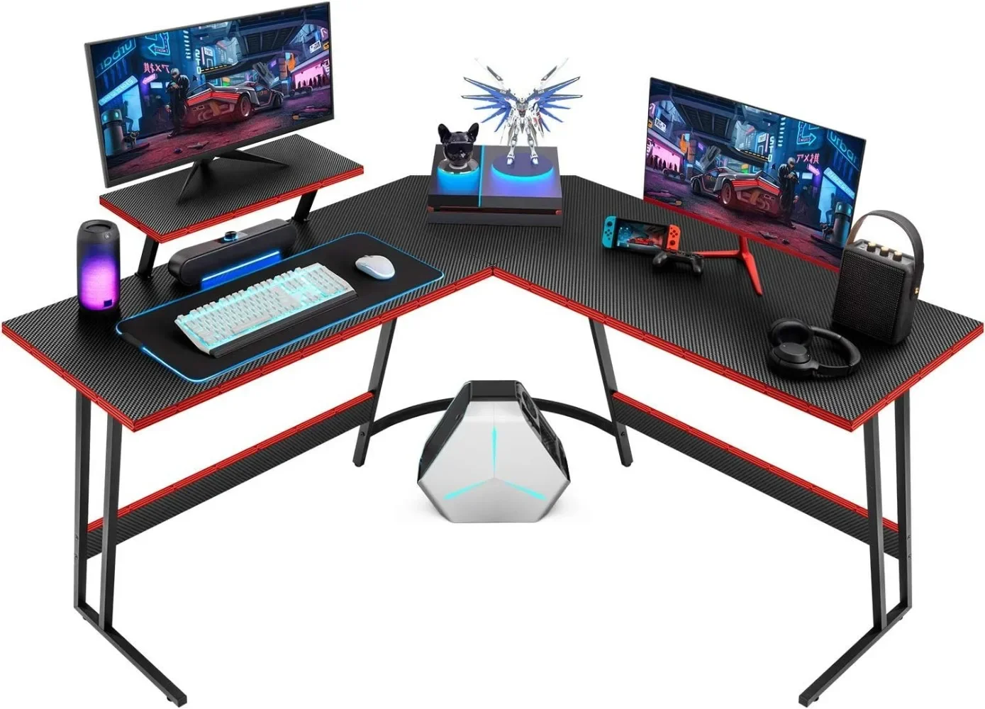 L Shaped Gaming Desk Computer Corner Desk PC Gaming Desk Table with Large Monitor Riser Stand for Home Office Sturdy