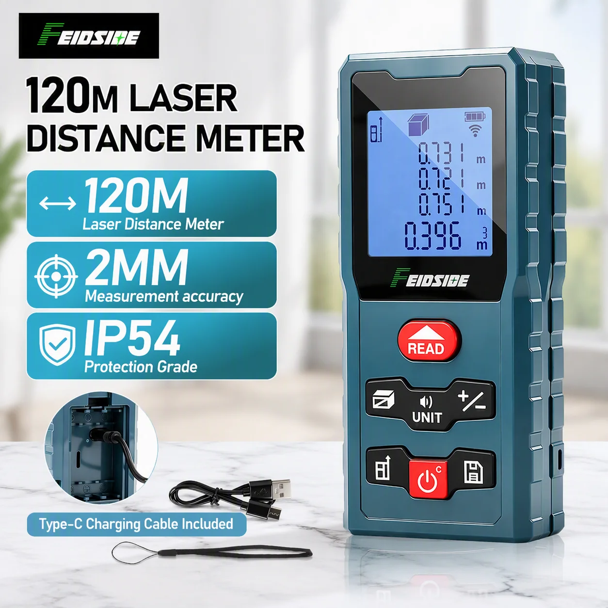 FEIDSIDE 120M Laser Rangefinder Type‑C Rechargeable High Accuracy HD Backlight LCD Multiple Measure Modes Measuring Tool