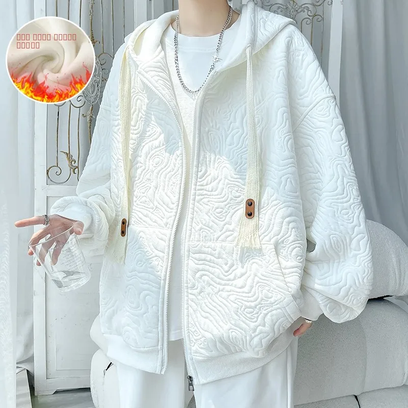 

Thiened Cotton Jaet Hooded Men's Winter Warm Outerwear Oversize Youth Sweatirt Textured Heat Pred Flower Casual Sle