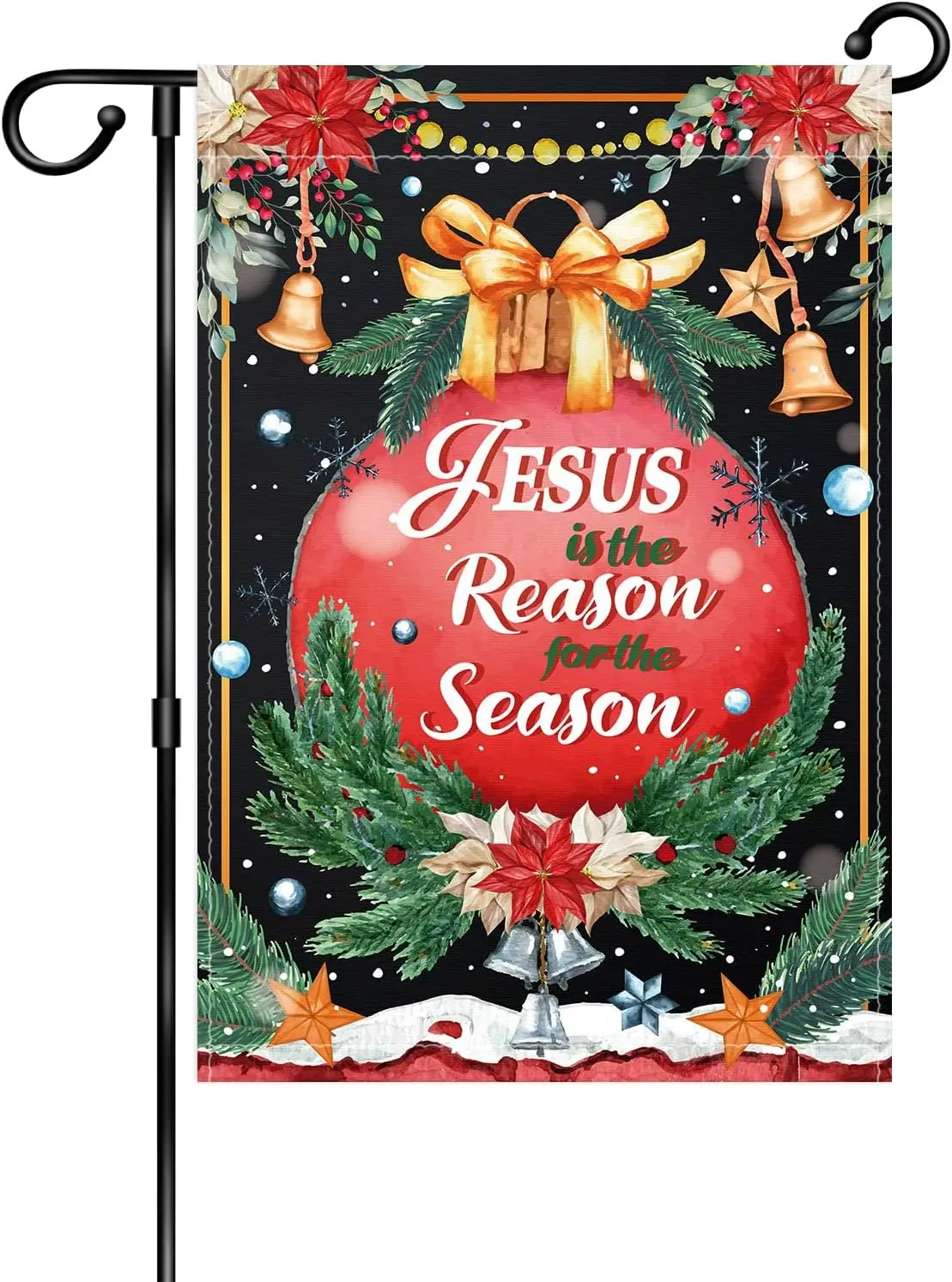 WHPCT Black Christmas Garden Flag Double Sided,Christmas Jesus is the Reason for the Season Nativity Jingling Bell Red Flag,Chri