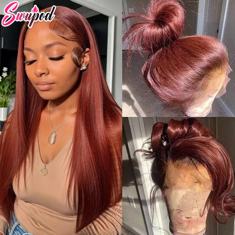 220 % 30 36 Zoll # 33 rotbraune Echthaar-Perücken für Frauen, transparent, 13 x 4, 13 x 6, gerade, 100 % echte, leimlose Perücken