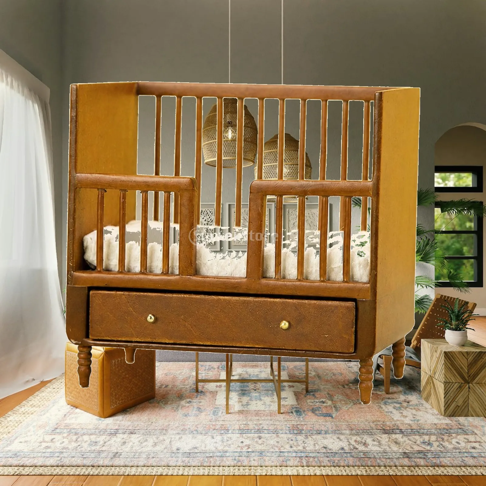 Slatted Miniature Dollhouse Crib with Padded Mattress Exquisite Wooden Miniature Crib with Storage Drawer Compact Slim